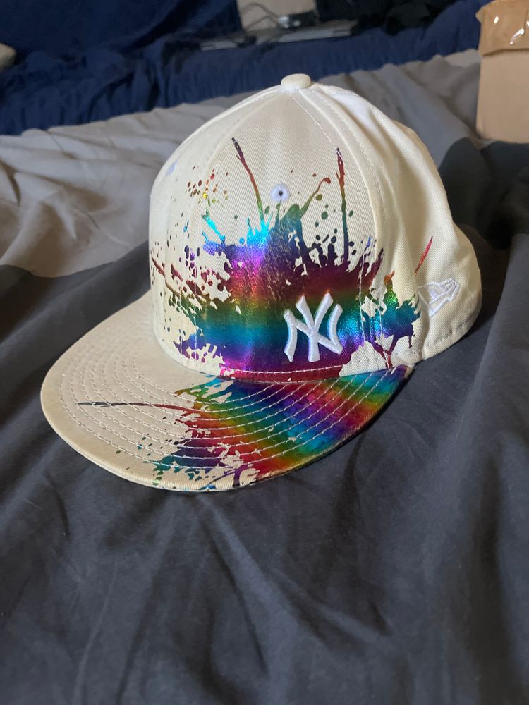 New Era White Cap With Rainbow Paint Splatter And Ny Logo product image