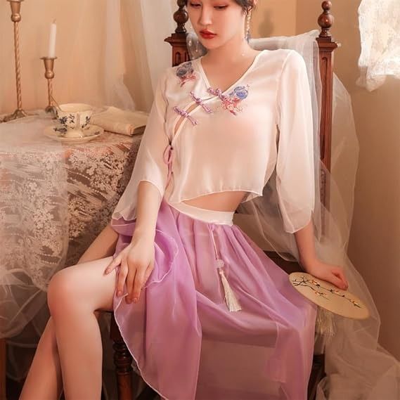 Immagine di Sheer Two-Piece Dress With Embroidered Top And Purple Skirt 4