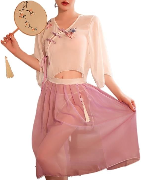 Immagine di Sheer Two-Piece Dress With Embroidered Top And Purple Skirt 1