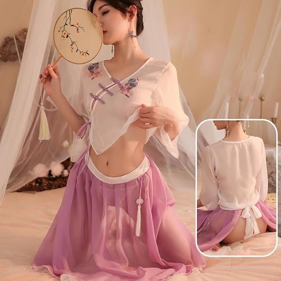 Immagine di Sheer Two-Piece Dress With Embroidered Top And Purple Skirt 2