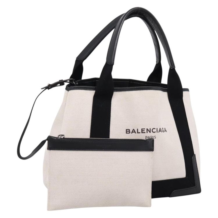 Balenciaga Navy Cabas S Tote Bag Canvas White Black 339933 Auth ka6724A - Jerrillo obraz 1