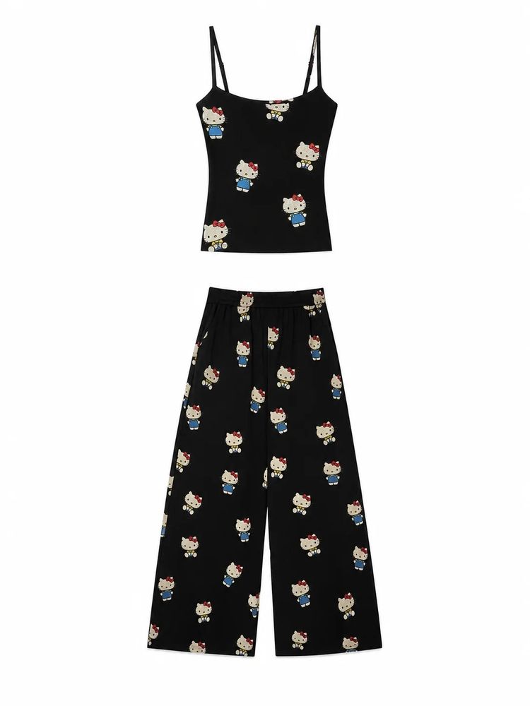 Set Black Camisole Top And Wide-Leg Pants Set With Cartoon Print product image
