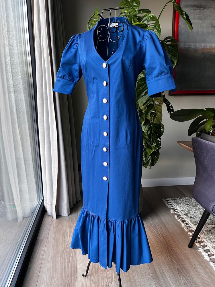 Poof Blue Button-Up Dress With Puff Sleeves And Ruffle Hem product image