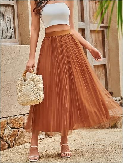 Brown Pleated Midi Skirt obraz 4