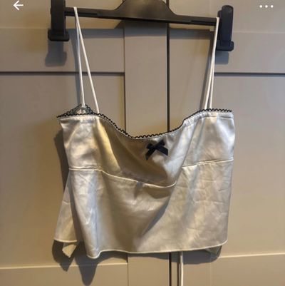 White Satin Camisole Top With Black Lace Trim And Bow