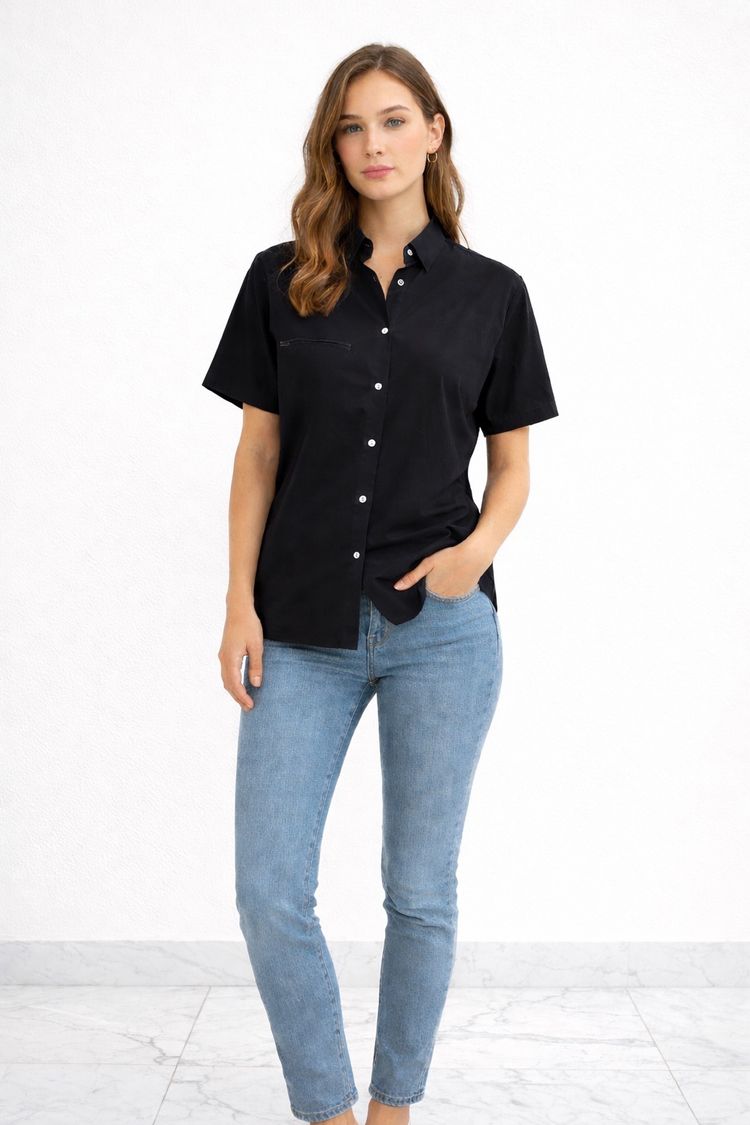 Black Short Sleeve Button-Up Shirt