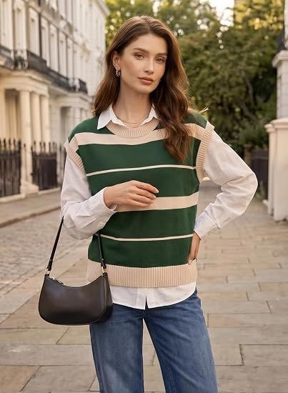 Immagine di Green And Beige Striped Sleeveless Knit Sweater Vest 5