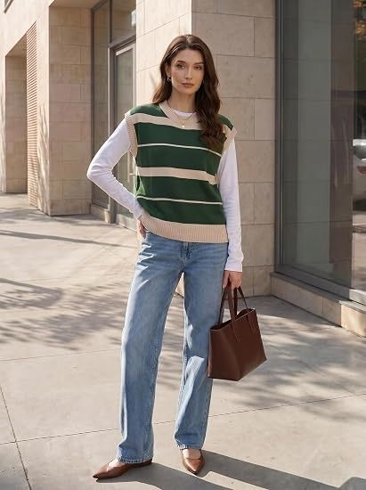 Immagine di Green And Beige Striped Sleeveless Knit Sweater Vest 4