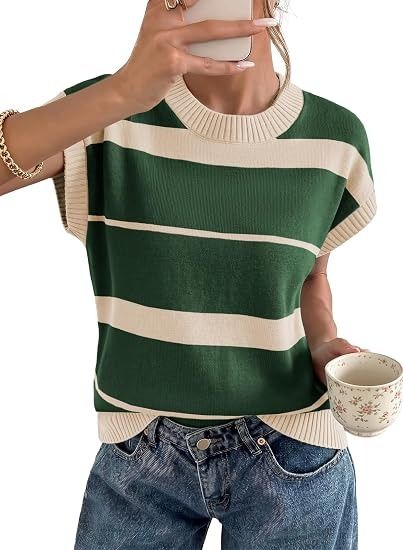 Immagine di Green And Beige Striped Sleeveless Knit Sweater Vest 2