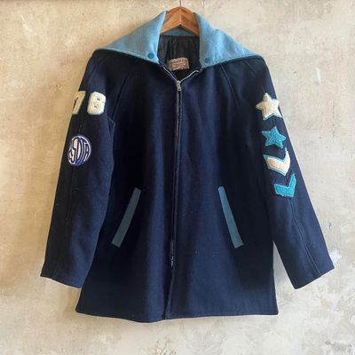 Navy Blue And Light Blue Varsity Jacket With Patches