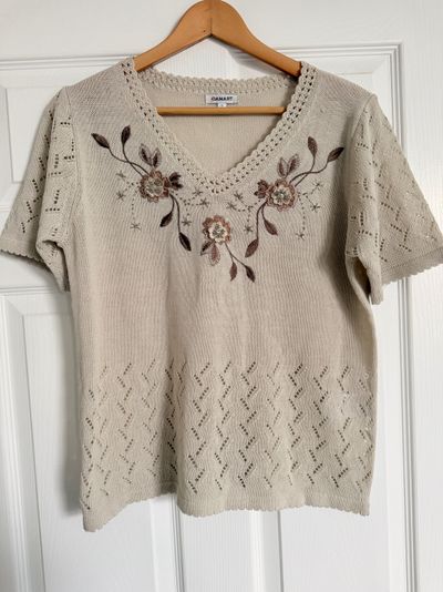 Damart Beige Knitted Short Sleeve Top With Floral Embroidery