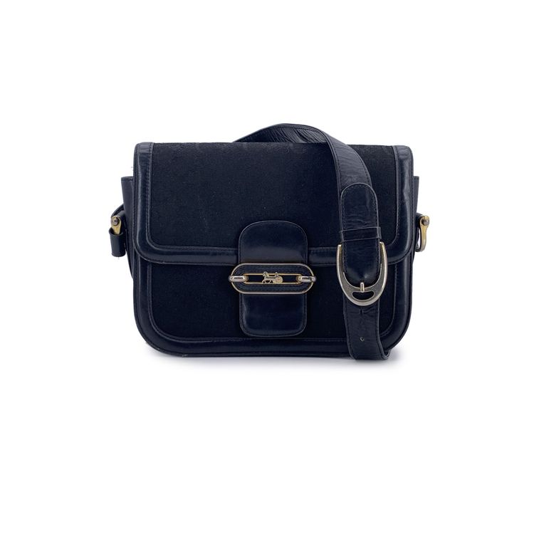 Borsa a Spalla Celine Vintage con Patta a Scatola in Tela Nera con Cavallo e Carrozza