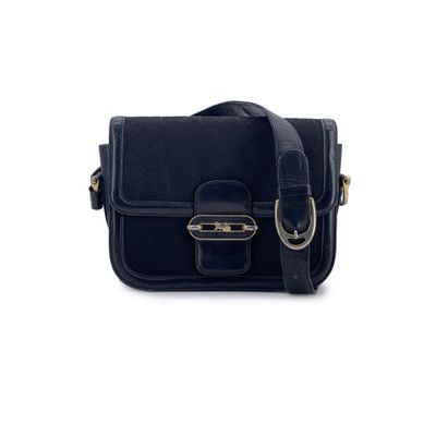 Borsa a Spalla Celine Vintage con Patta a Scatola in Tela Nera con Cavallo e Carrozza