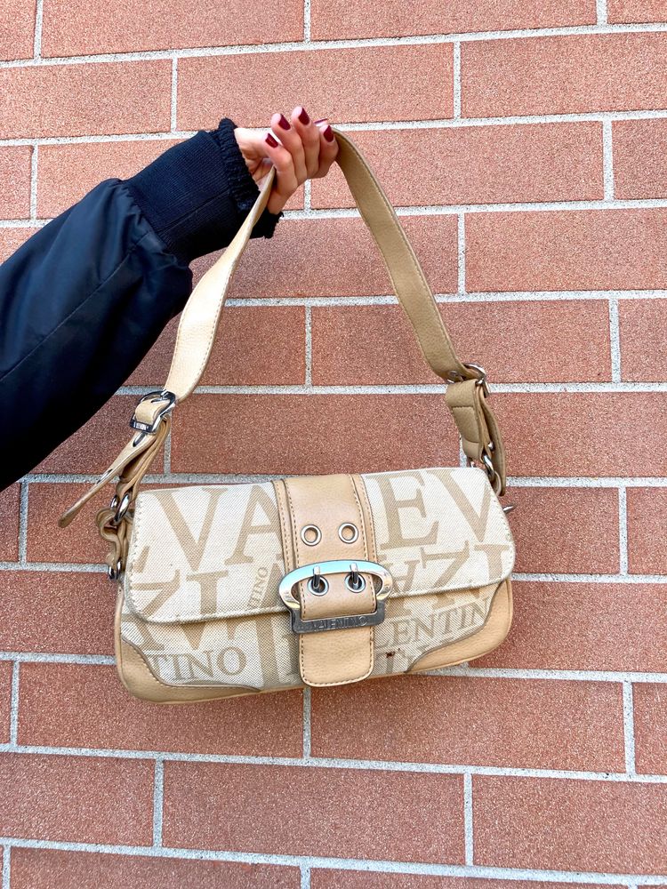 Valentino Beige Shoulder Bag With Logo Print And Buckle