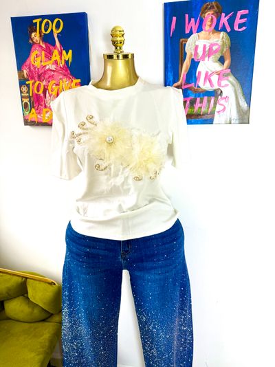 White Embellished Short Sleeve Top