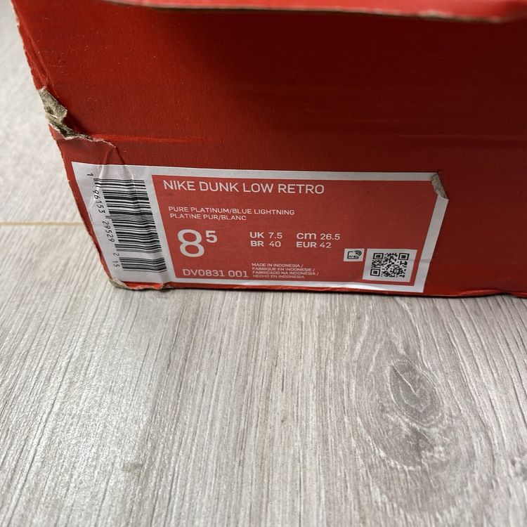 Immagine di Nike Dunk Low Retro Size UK 7.5 Pure Platinum Blue Lightning Men's DV0831-001 7