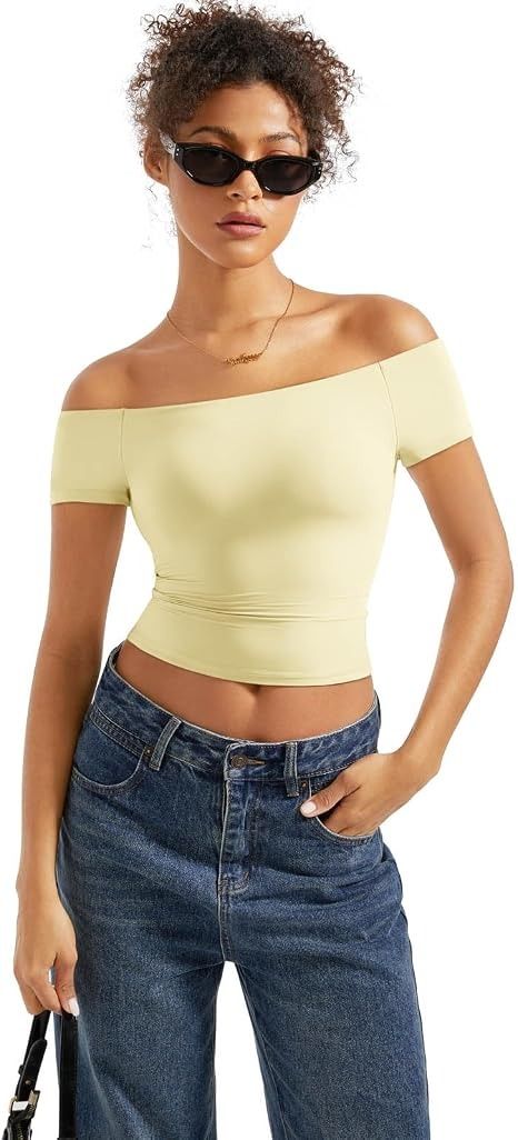 Yellow Off-Shoulder Crop Top obraz 4
