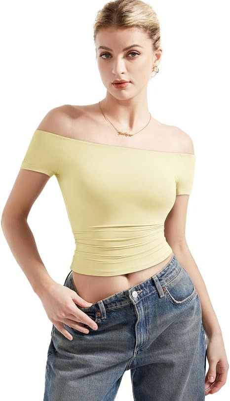 Yellow Off-Shoulder Crop Top obraz 3
