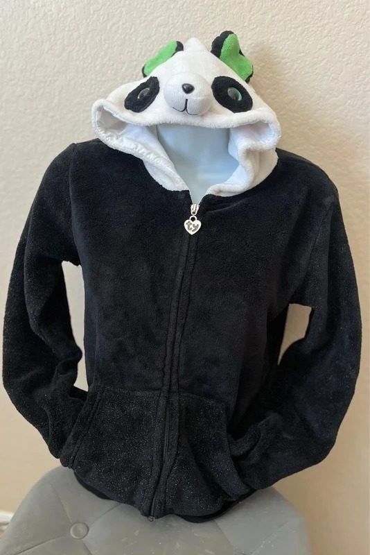 Black And White Panda Hoodie With Green Ears image 1