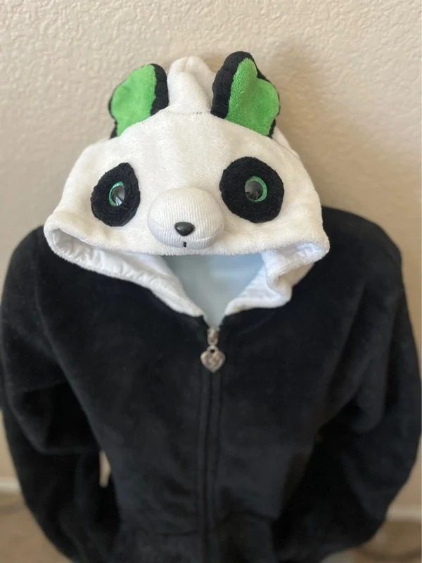 Black And White Panda Hoodie With Green Ears image 2