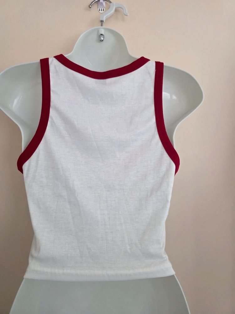 Shein White & Red Ringer Butterfly Floral Graphic Ribbed Y2K- Inspired Crop Tank Top (Size S / UK 8) image 5