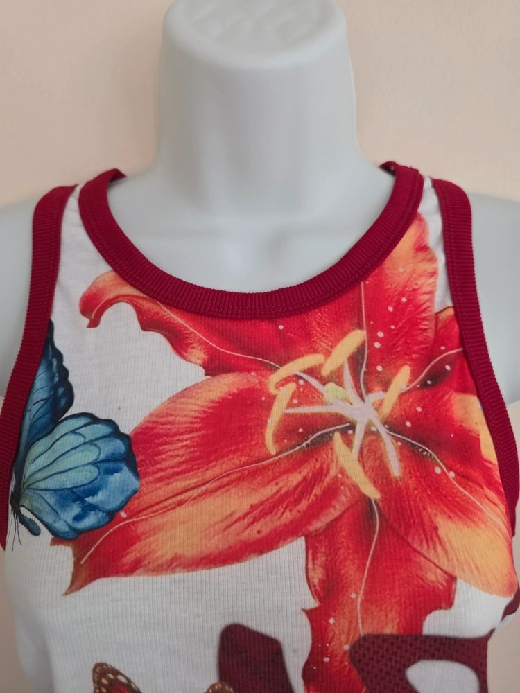 Shein White & Red Ringer Butterfly Floral Graphic Ribbed Y2K- Inspired Crop Tank Top (Size S / UK 8) image 3