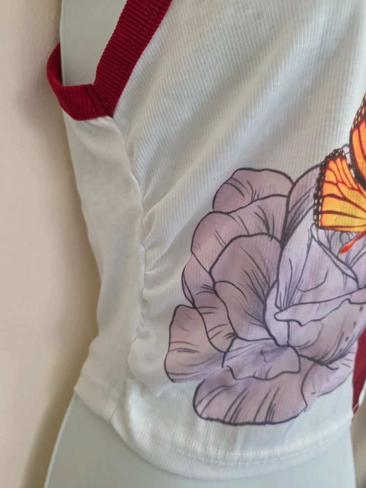 Shein White & Red Ringer Butterfly Floral Graphic Ribbed Y2K- Inspired Crop Tank Top (Size S / UK 8) image 2
