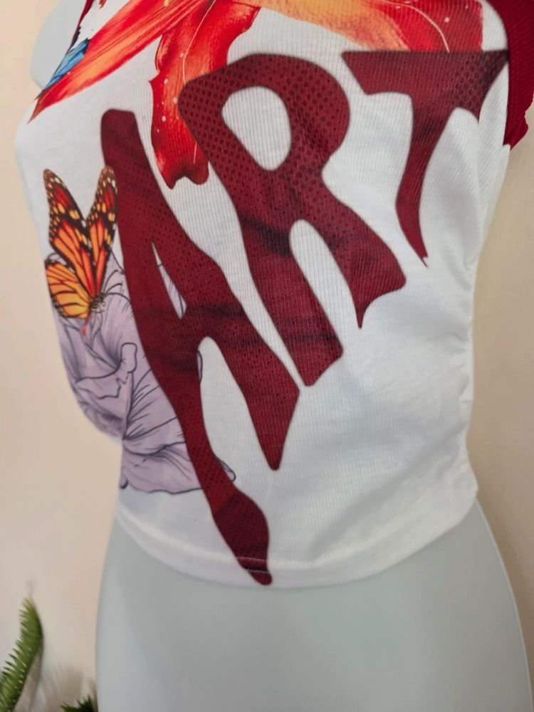 Shein White & Red Ringer Butterfly Floral Graphic Ribbed Y2K- Inspired Crop Tank Top (Size S / UK 8) image 4