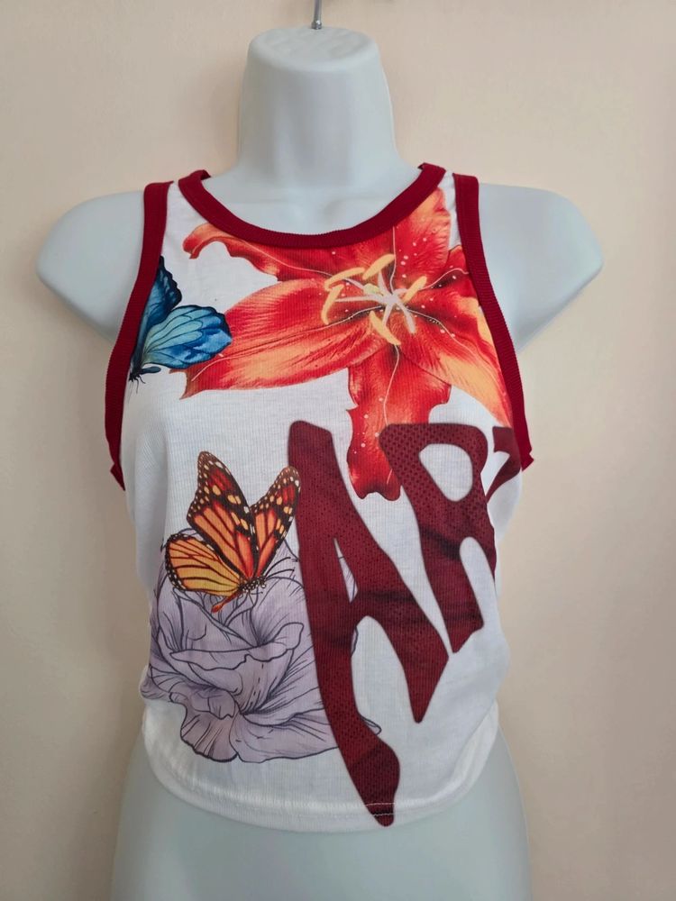 Shein White & Red Ringer Butterfly Floral Graphic Ribbed Y2K- Inspired Crop Tank Top (Size S / UK 8)
