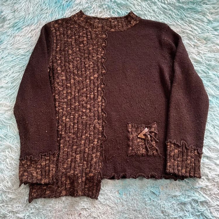Vintage Y2K Brown Cut & Sew Knitted Jumper - Medium image 1