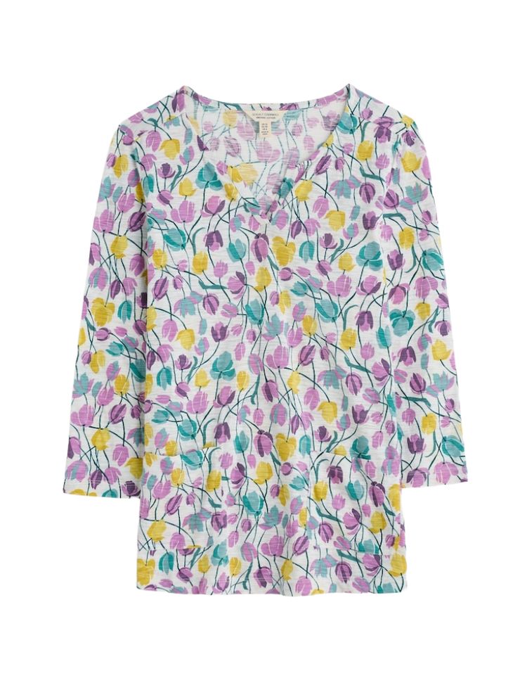Women's 3/4 Sleeve Gypsophilia Notch Neck 100% Cotton Top in Spring Floral