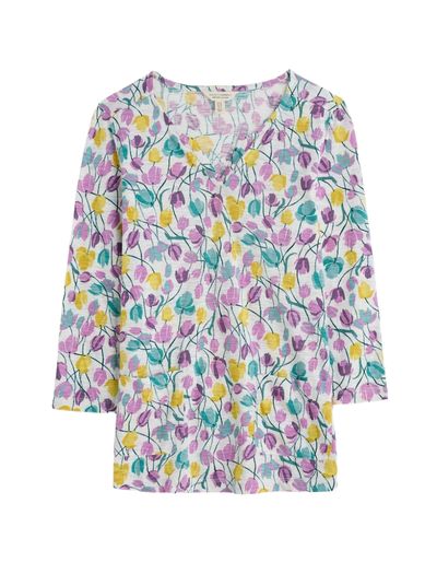 Women's 3/4 Sleeve Gypsophilia Notch Neck 100% Cotton Top in Spring Floral 1