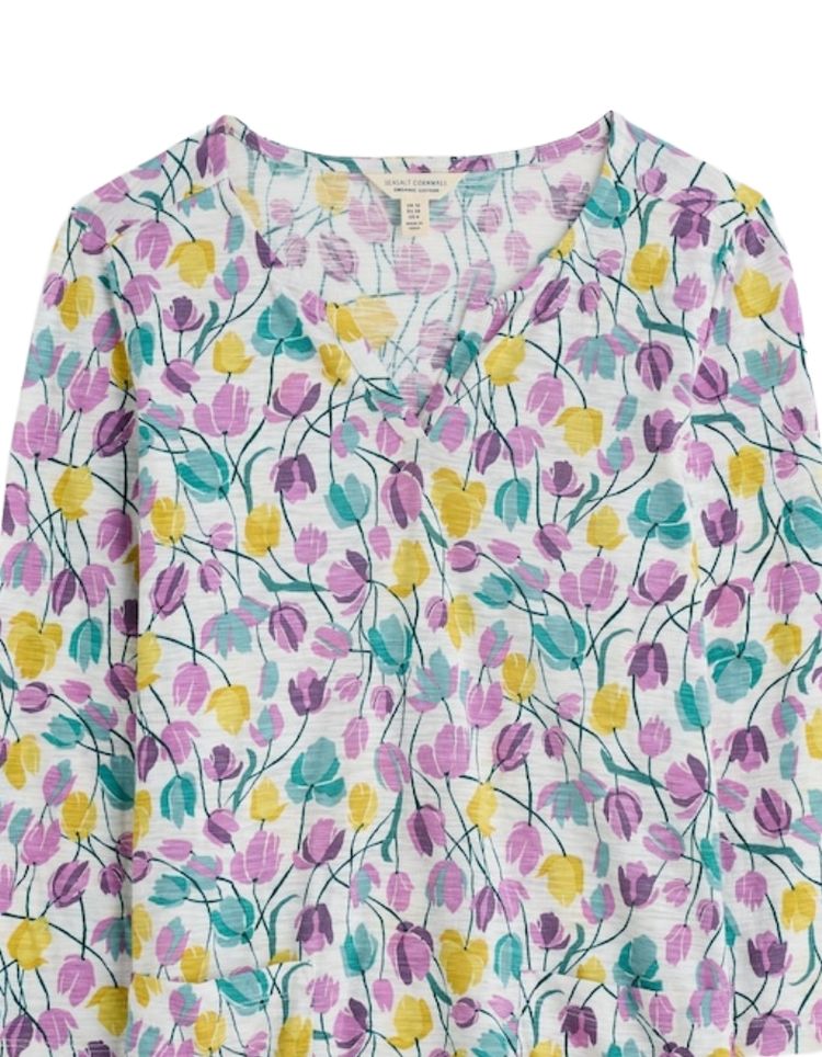 Women's 3/4 Sleeve Gypsophilia Notch Neck 100% Cotton Top in Spring Floral 2