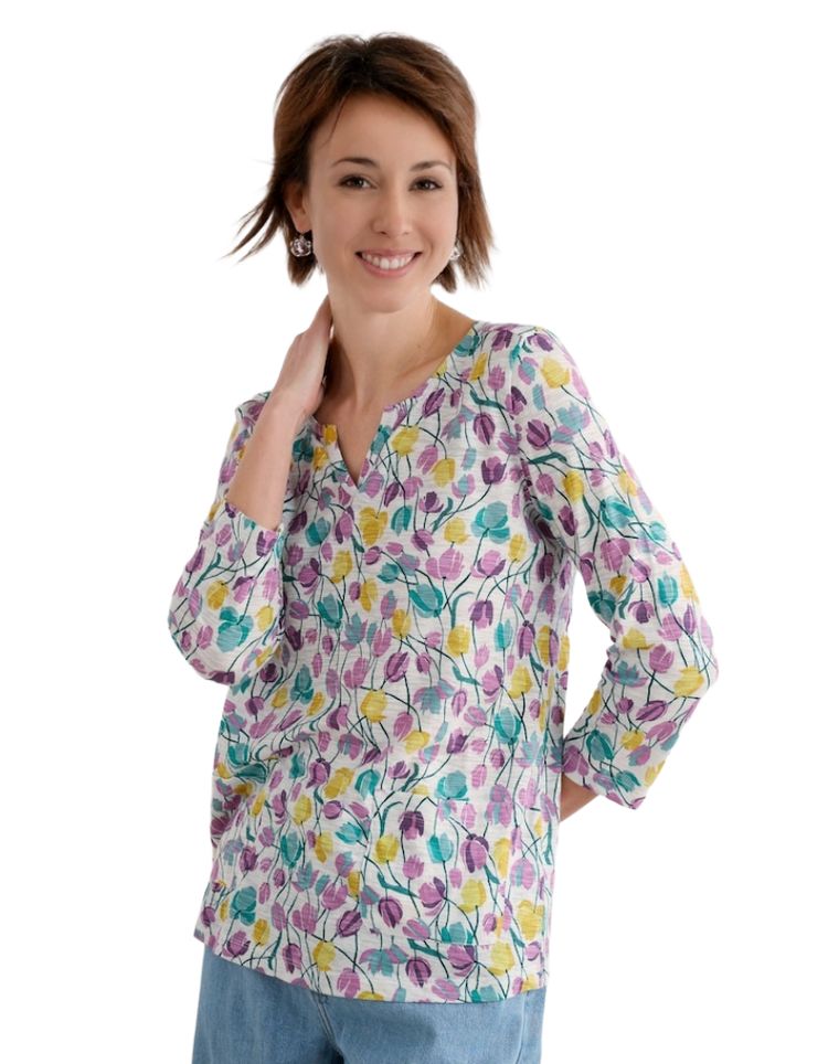 Women's 3/4 Sleeve Gypsophilia Notch Neck 100% Cotton Top in Spring Floral 3