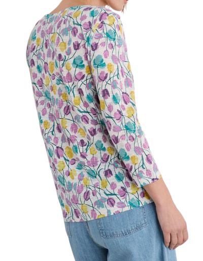 Women's 3/4 Sleeve Gypsophilia Notch Neck 100% Cotton Top in Spring Floral 5