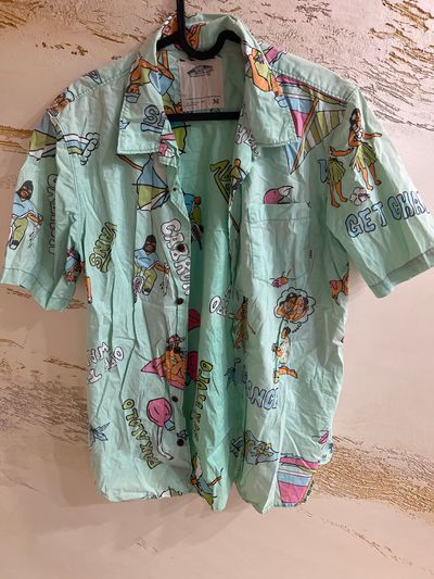 Light Blue Short Sleeve Shirt With Colorful Cartoon Print