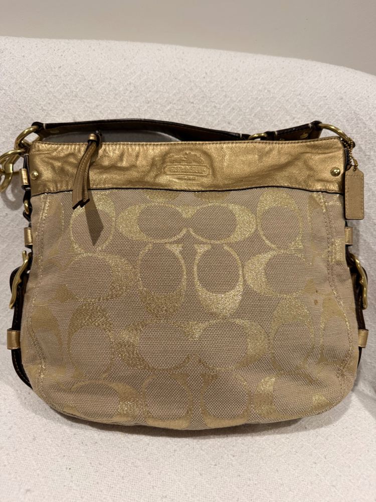 Coach Monogram Lurex Linen Gold Leather Zoe Hobo Bag 2