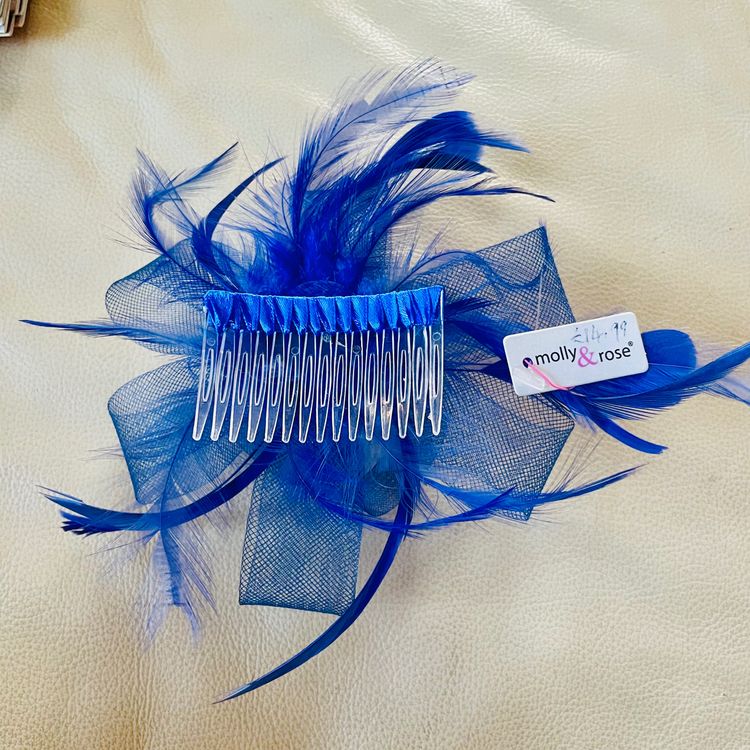 Immagine di Molly & Rose Blue Net Coiled Loop Feather Wedding Party Races Prom Fascinator On Comb BNWT 3