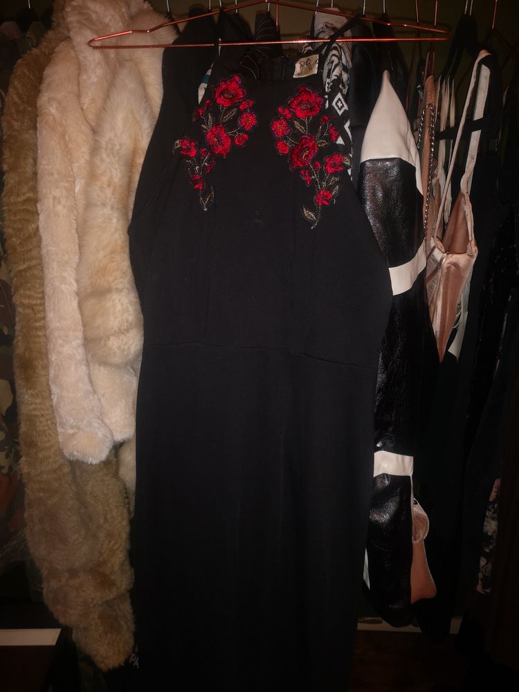 Black Dress With Red Floral Embroidery
