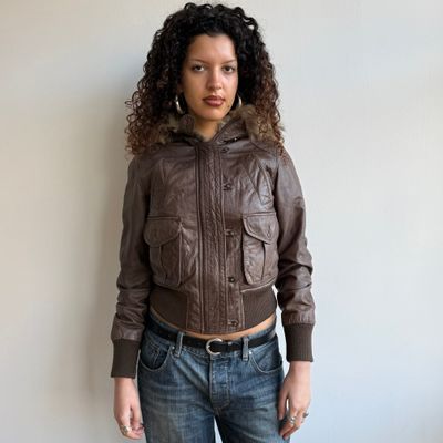 Brown leather fur hood bomber - Size M