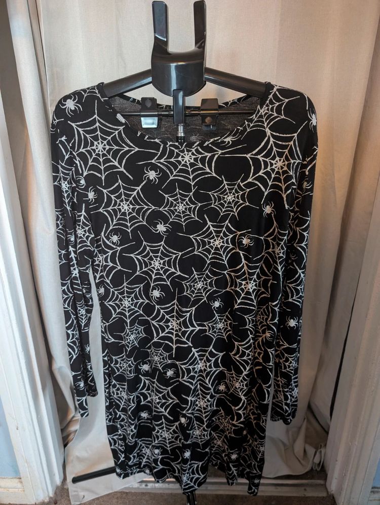 Spiderweb Mini Dress Black Silver Glitter Long Sleeve Halloween Goth Tunic Top image 1
