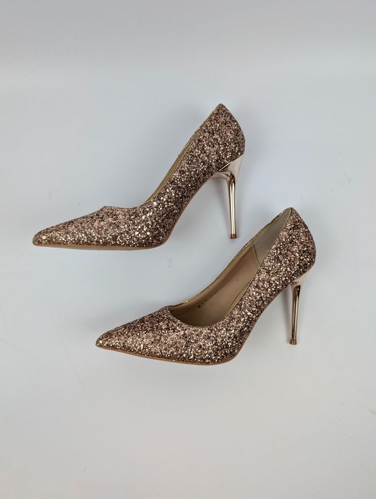 Błyszczące szpilki brokatowe buty na obcasie Bigtree 40, złote rose gold wesele impreza glam 4
