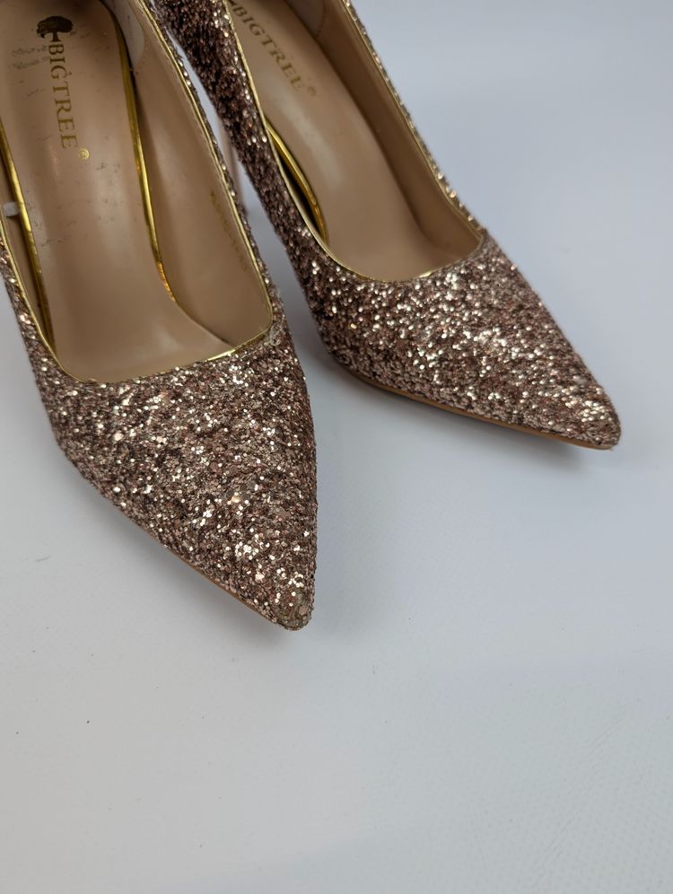 Błyszczące szpilki brokatowe buty na obcasie Bigtree 40, złote rose gold wesele impreza glam 2