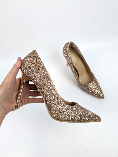 Błyszczące szpilki brokatowe buty na obcasie Bigtree 40, złote rose gold wesele impreza glam