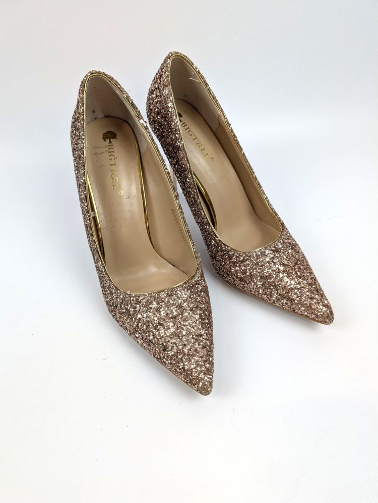 Błyszczące szpilki brokatowe buty na obcasie Bigtree 40, złote rose gold wesele impreza glam 3