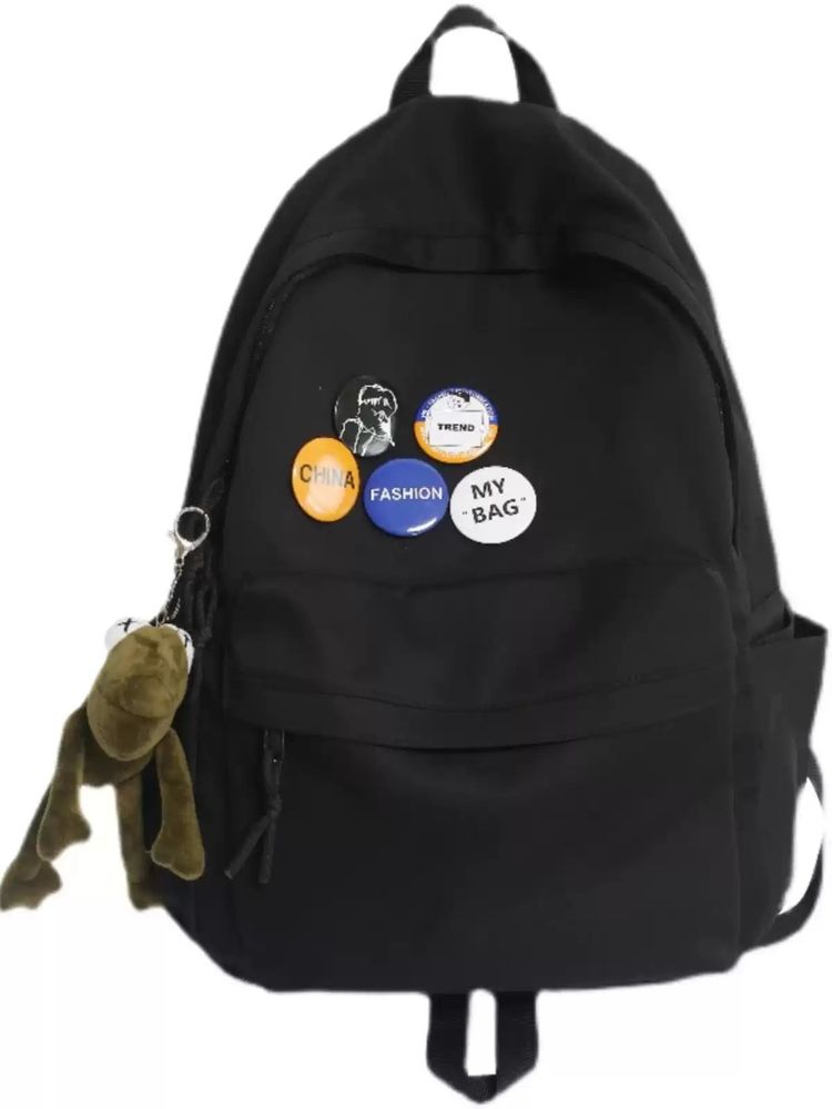 Black Backpack With Pins And Plush Keychain image 5