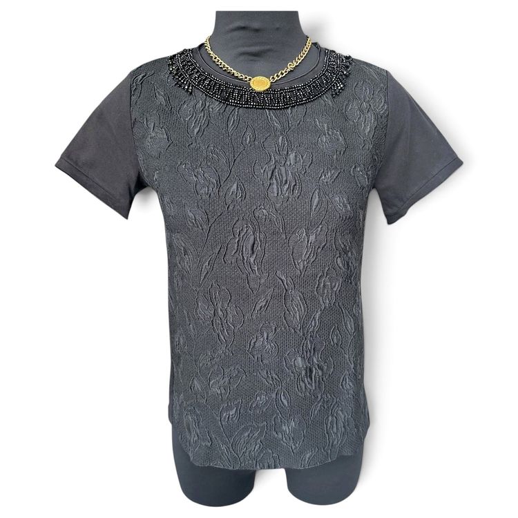 Chic Top / T-shirt by 'S Max Mara - Black with embroidery and floral panel, size S image 1