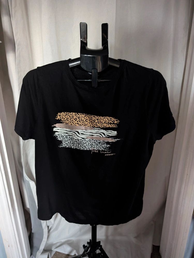 New Look Black Animal Print Leopard Zebra Graphic Slogan T-Shirt Tee image 1