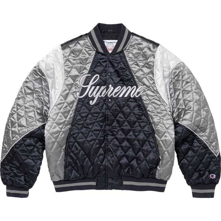 Supreme x Champion Quilted Satin Varsity Jacket Navy image 1