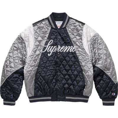 Supreme x Champion Quilted Satin Varsity Jacket Navy